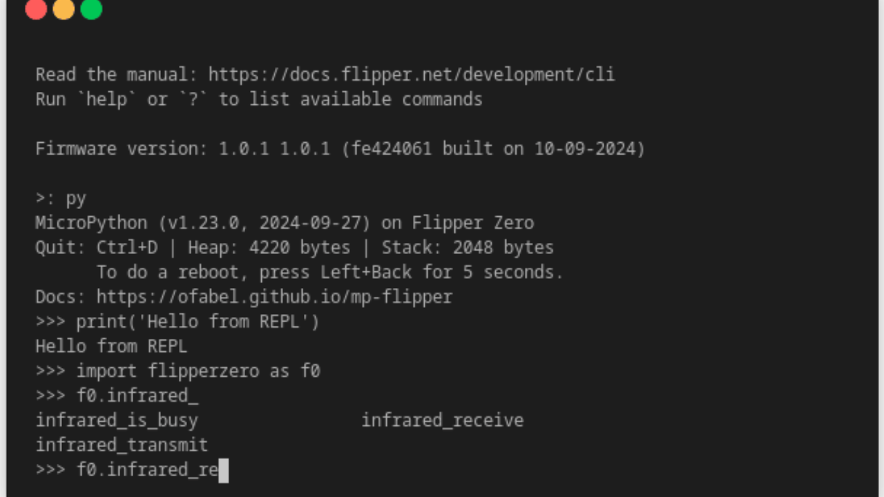 Screenshot of the REPL running on the Flipper, importing the flipper API library and calling infrared receive function out of it with help of autocomplete