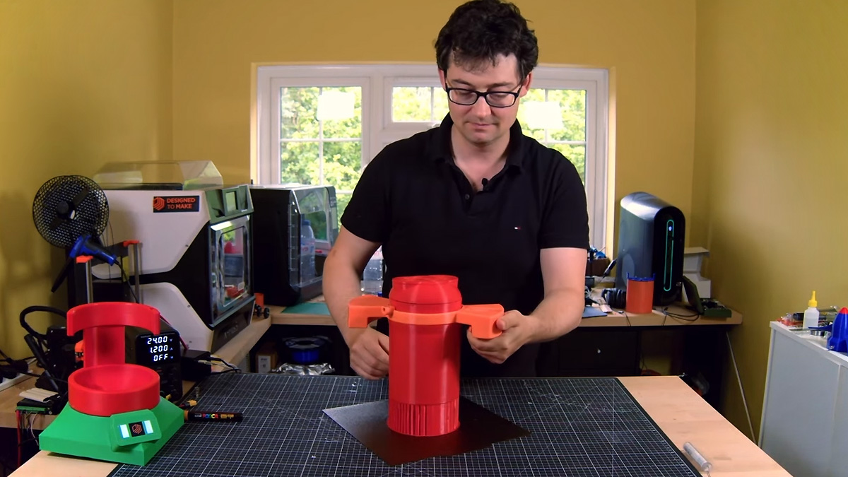 [Ben] at workbench with 3D-printed sea scooter
